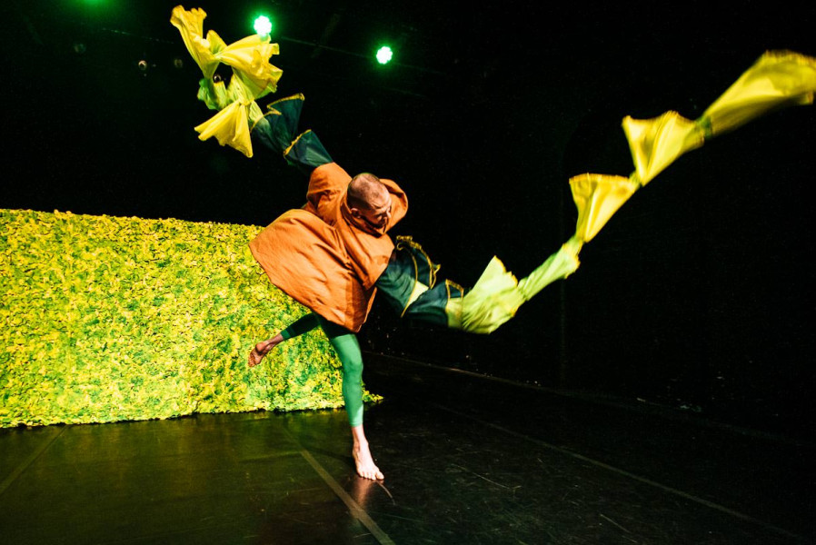 Grow - a performer mid barrel jump in front of a bright green and yellow hedge on stage. his costume has long petal-like arm extensions that fly out