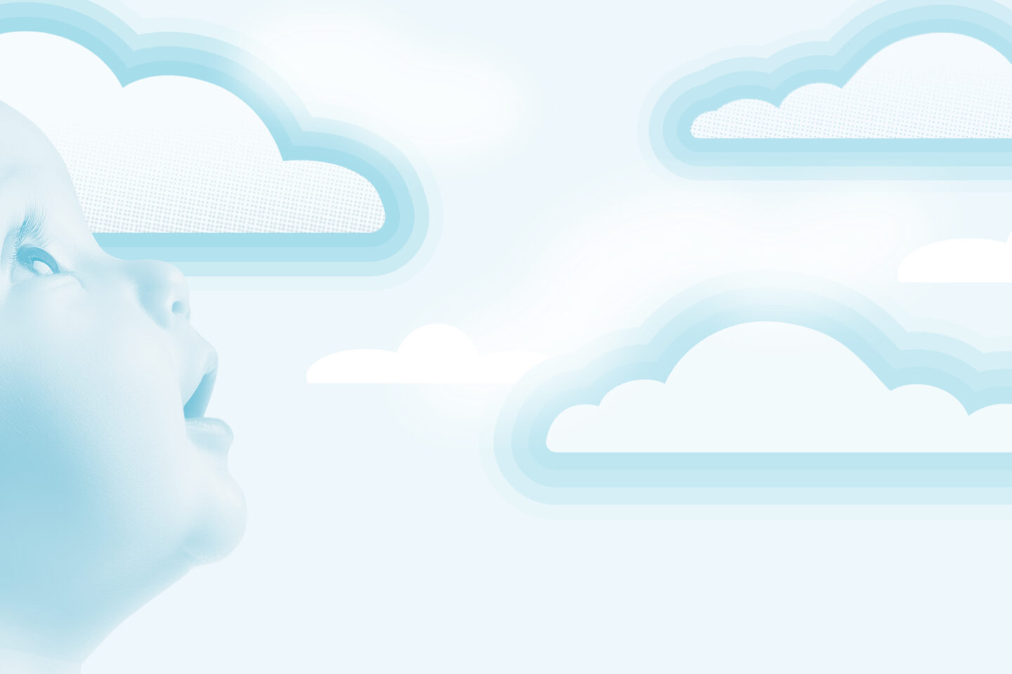 a pale blue image where a baby looks up in wonder at graphic clouds