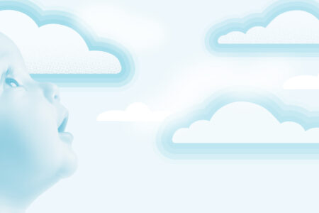 a pale blue image where a baby looks up in wonder at graphic clouds